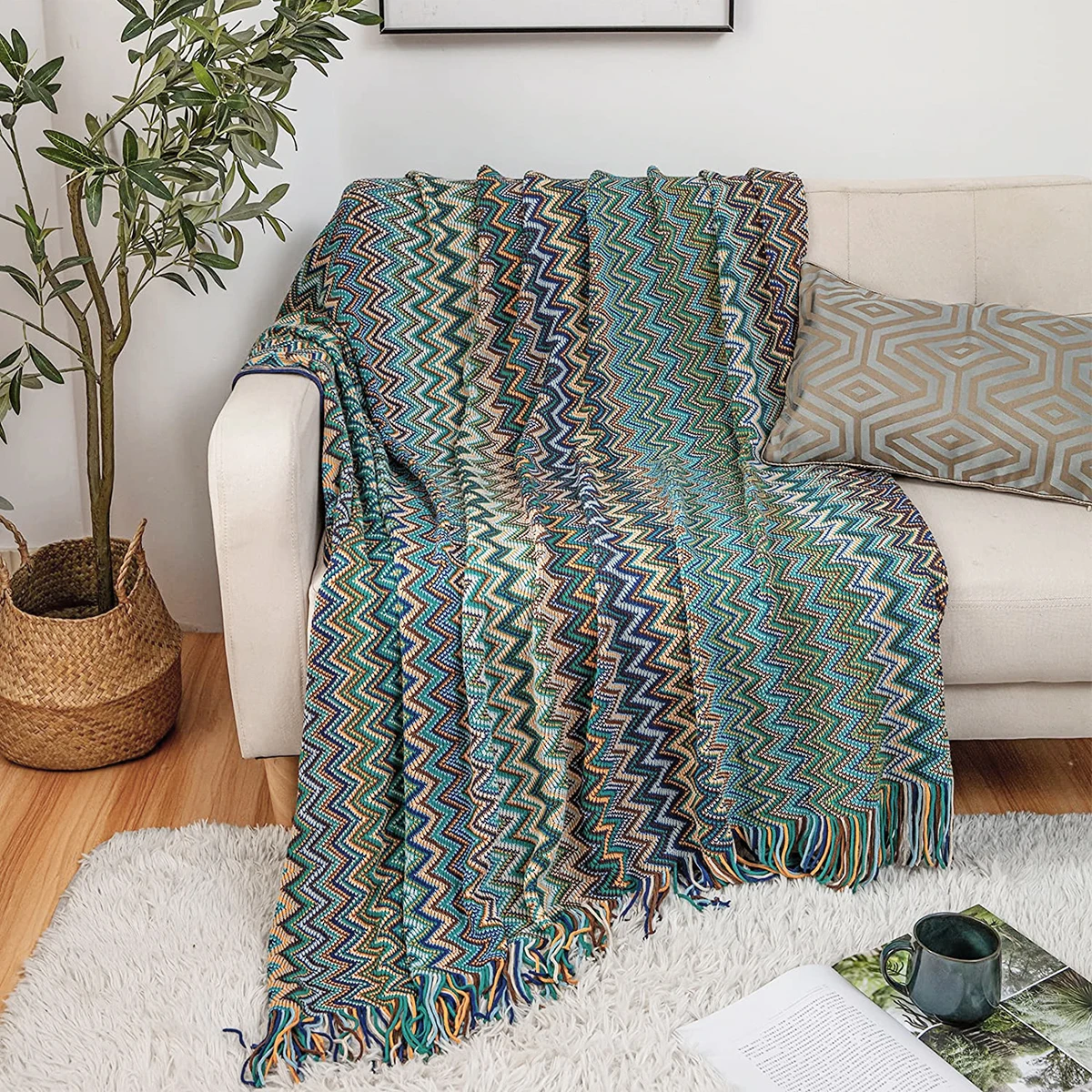 Boho Throw Blanket - Lightweight Knit with Tassels, Bohemian Woven Sofa Blanket, Soft Bed Plaid Decorative Blanket