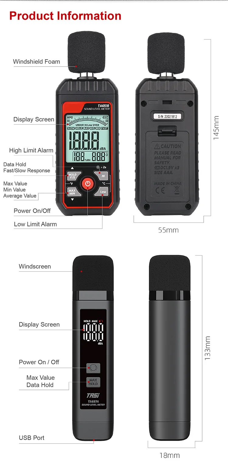 TA657 Digital Sound Level Meter 30‑130 dB Handheld Portable USB Rechargeable for
