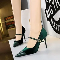 Korean Version Party 10cm 7cm High Heels Women Shoes Thin Heels Velvet Shallow Montage Pointed Toe Metal One-line Buckle Pumps - Image 3
