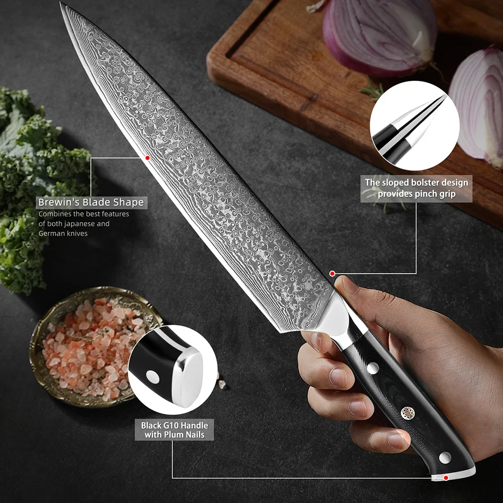 

Damascus Chef Knife 9Inch Professional Kitchen Knives Full-Tang G10 Handle Cooking Knife Japanese 67-Layer VG10 Steel Chef Knife