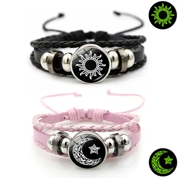 Sun Moon Couple Leather Bracelet Hot Selling Item Noctilucent Handmad Weave Bracelets Valentine's Day Couple Jewelry Gifts