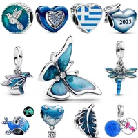 925 Silver Blue Butterfly Dragonfly Pentagram Feather Pendant Beads Suitable for European Original Bracelet DIY ExquisiteJewelry 6