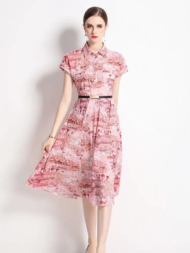 

Runway Fashion Summer Women Mid-length Vintage Print Dress Casual lapel Short Sleeve Slim Shirt Dress Vestidos With Belt