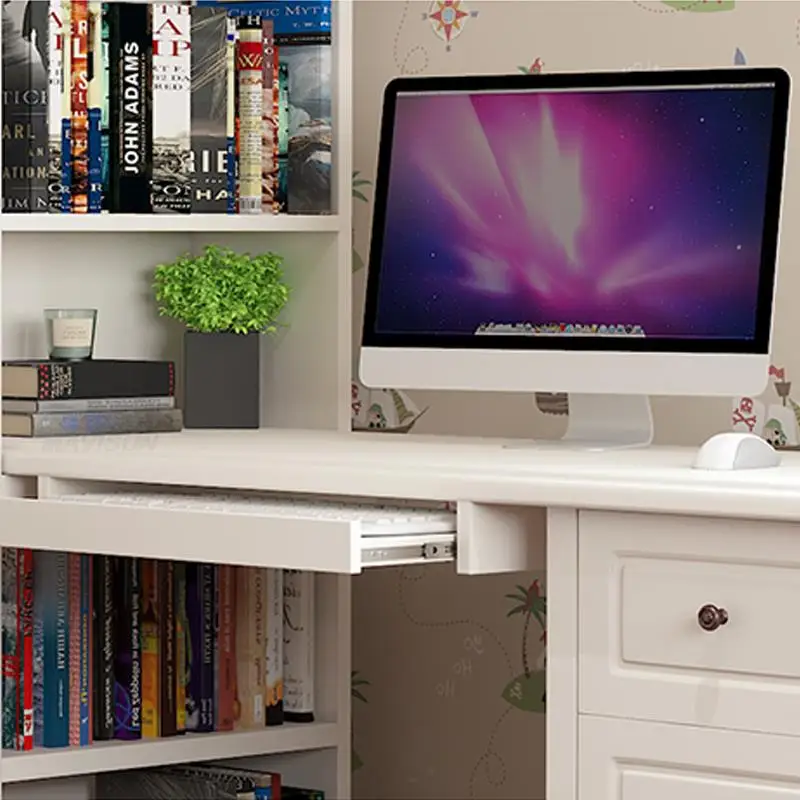 Modern Desk And Chair For Children Rectangle Wooden Computer Table With Three Drawers And Bookcase Boy Kids White Study Desk