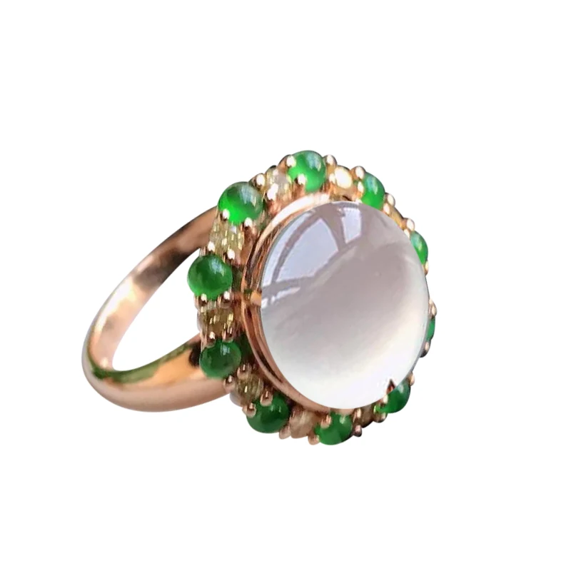 Natural ice chalcedony embellished with green s925 silver inlaid rose gold ring adjustable ring for women