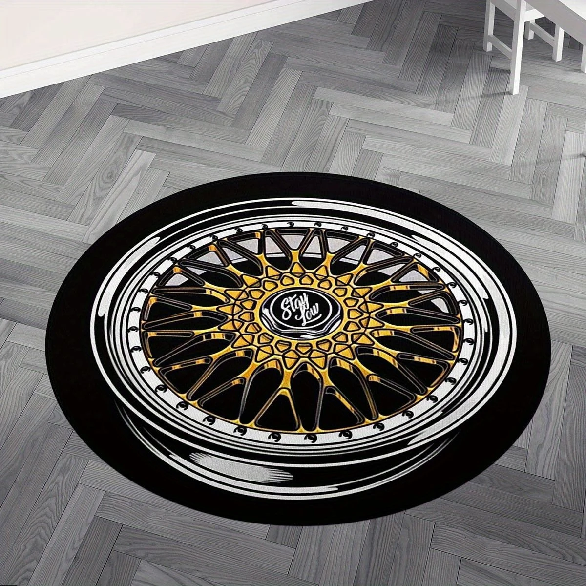 

Round Carpet Gold Tire Shape Rug Home Decoration Luxury West Coast Retrofit Style Floor Mats Non-slip Machine Washable Area Rugs
