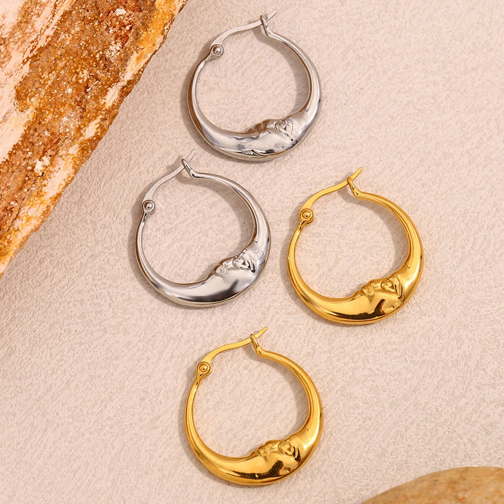 18K Gold Plated Abstract Moon Hoop Earrings for Women Stainless Steel Unique Waterproof Jewelry Charm Statement Earrings Gift