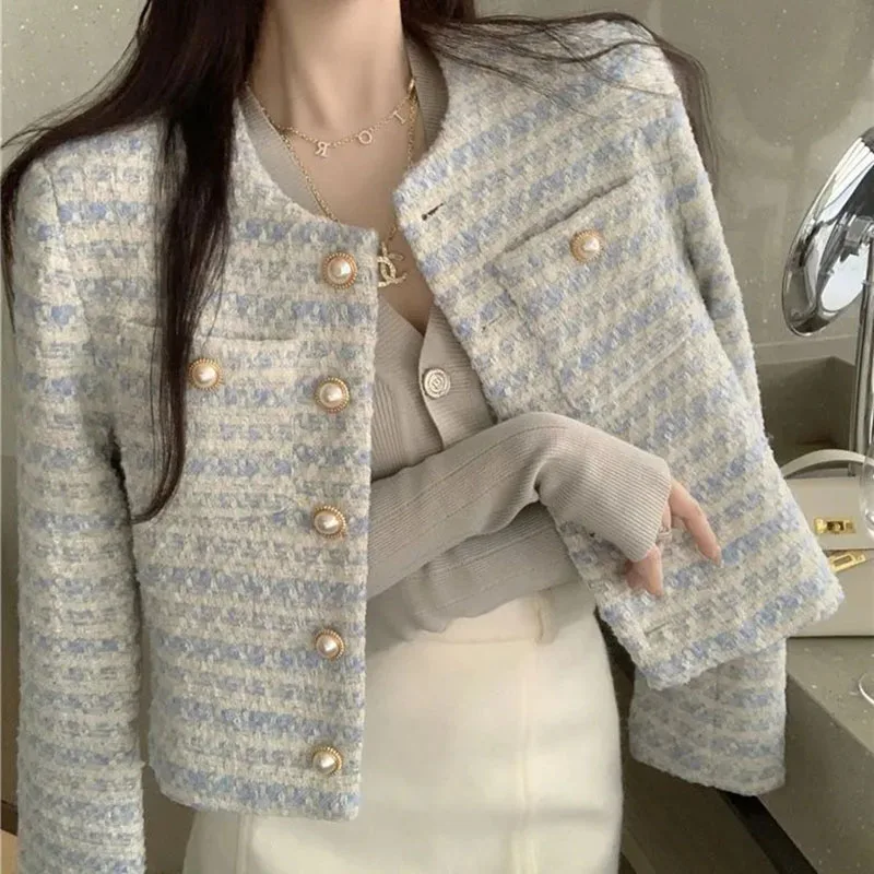 

Vintage Tweed Striped Jackets Women Korean Cropped Coat Pearl Buttons Sequins O Neck Loose Long Sleeve Casual Office Lady Tops