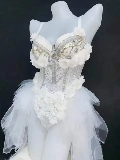 

Nightclub DJ Singer LED Dance Wear Stage Outfits Sparkly Rhinestones White Lace Flowers Bodysuit Sexy Bar Party Female Costume