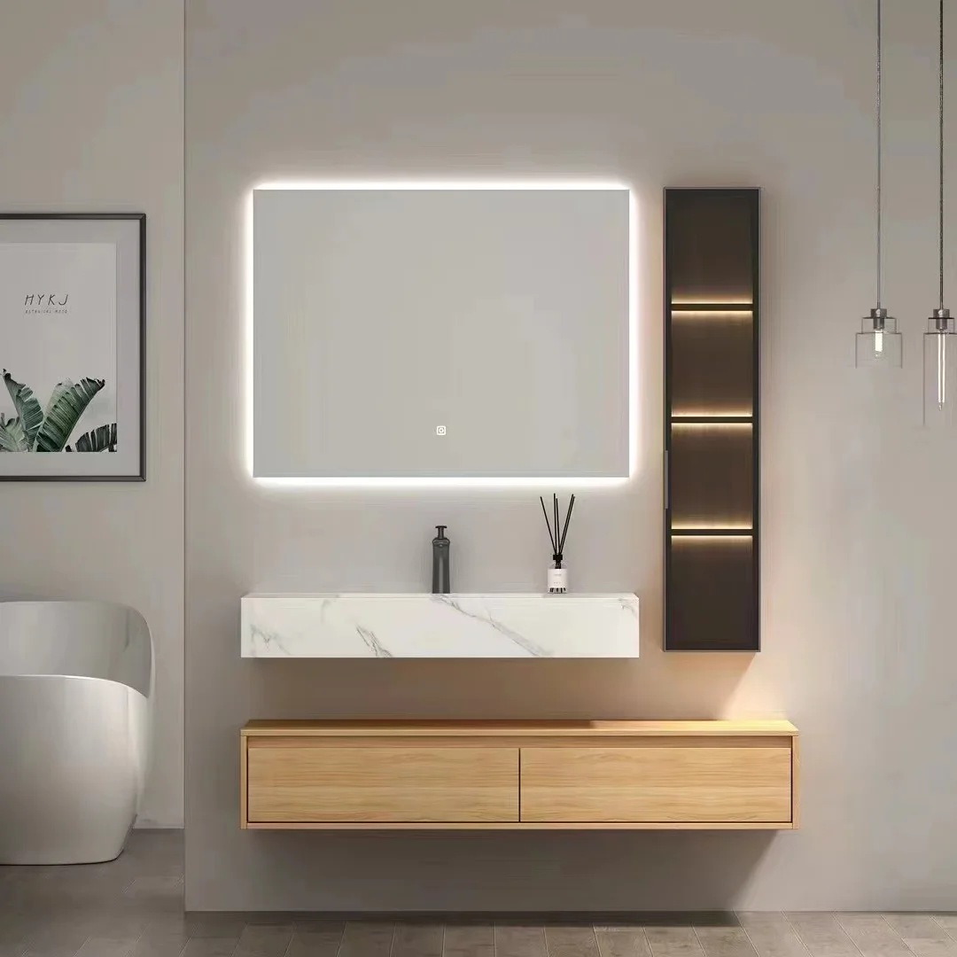 Luxury Modern Hotel Bathroom Vanity Customizable Solid Wood Rock Panel With Smart Mirror Black Color Combination Bathroom Vanity