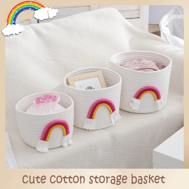

Cute Cotton Rope Weaving Storage Basket Rainbow Fresh White Taper Organizer Small Bin Washable Baby Room Toys Shelf Organizer