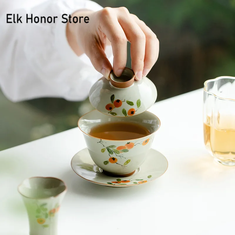 150ml Pure-painted Persimmon Ceramic Sancai Covered Bowl Retro Not Hot Tea Bowl with Lid Tea Maker Gaiwan Kung Fu Teaware Gifts
