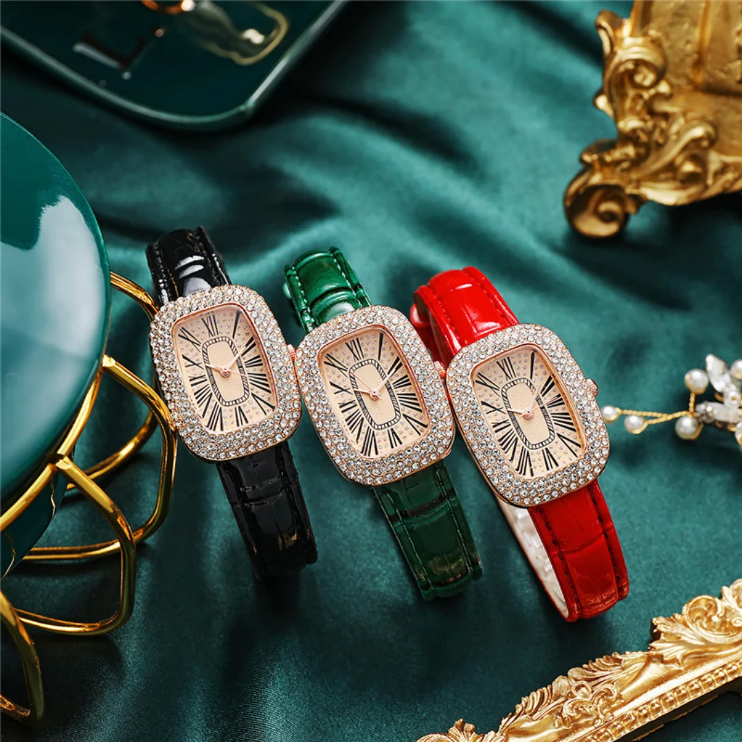 Ladies Watches Small Wrist Leather Strap Watch Fashion Diamond Watch Roman Numeral Battery Watches Temperament Versatile Watch 5