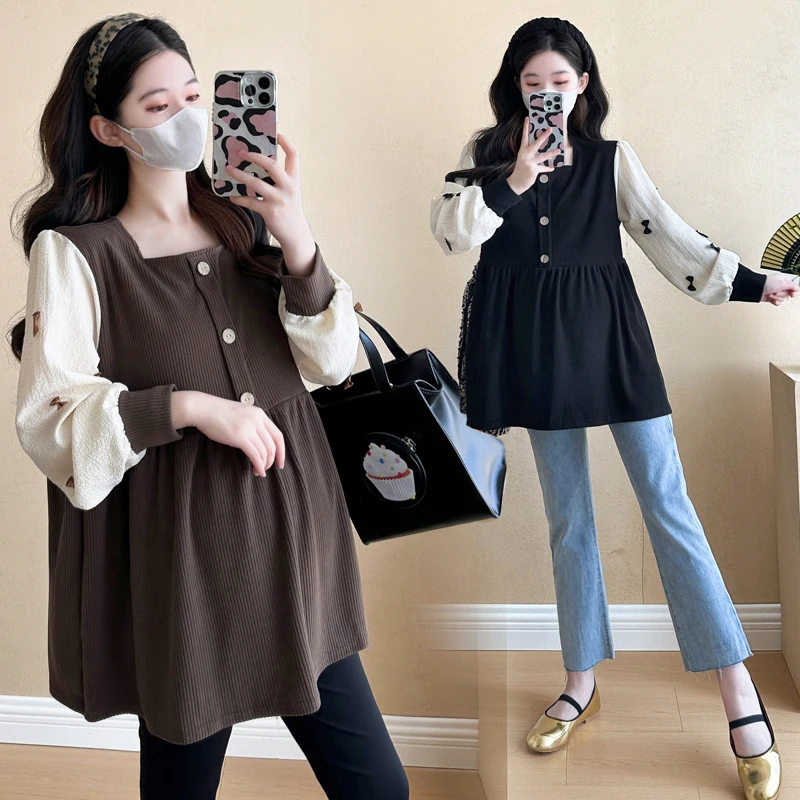 Autumn Winter Sweet Fashion Shirts for Maternity Elegant A Line Loose Blouse for Pregnant Women Patchwork Pregnancy Tops