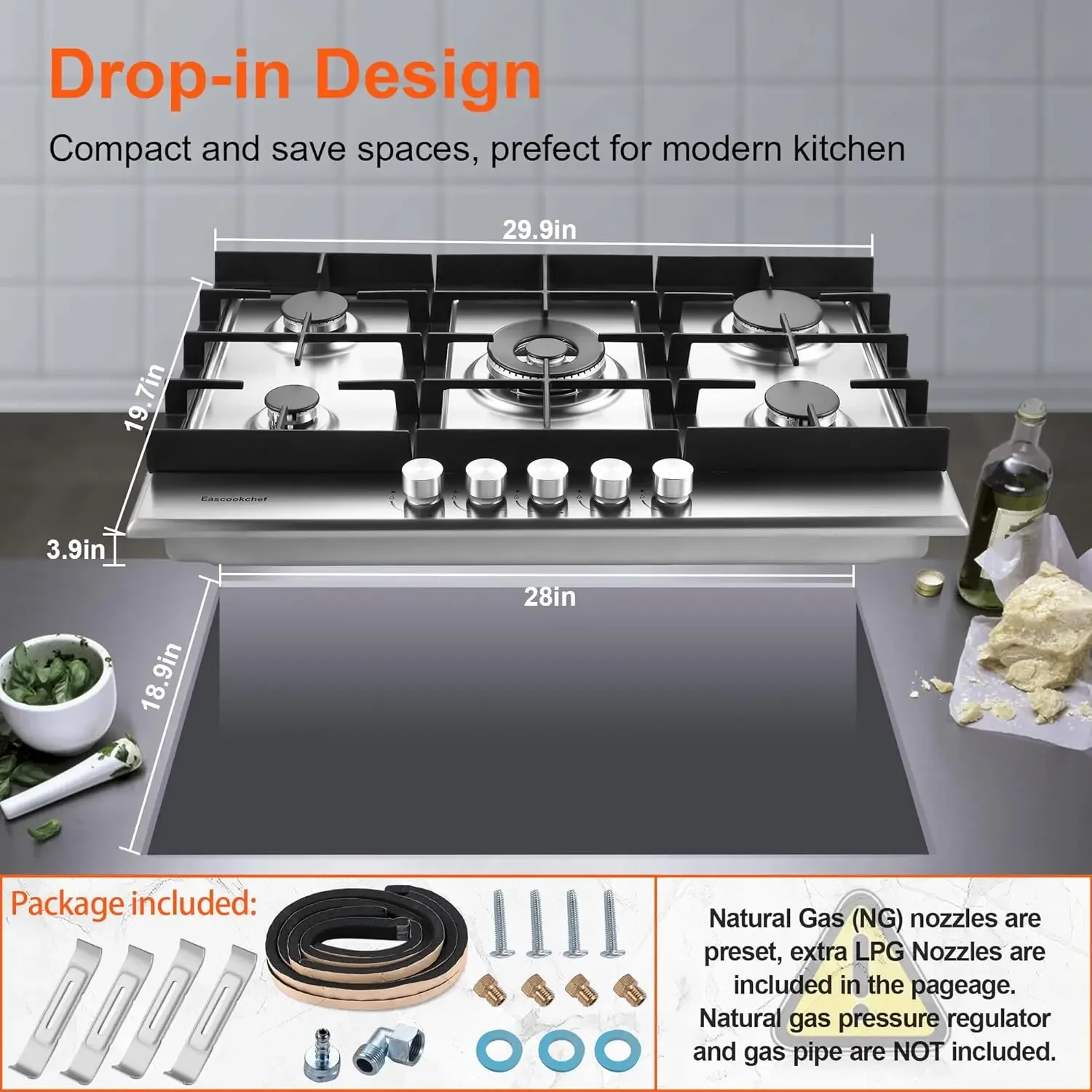 Gas Stove Top with 5 High Efficiency Burners, Bulit-in Stainless Steel Gas Hob for Kitchen, NG/LPG Convertible Gas Stovetop, The 6