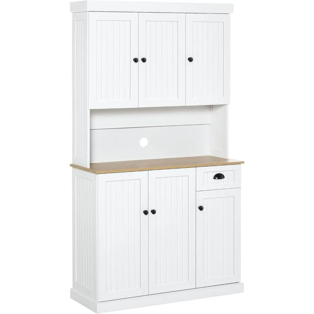 71" Buffet with Hutch, Modern Farmhouse Kitchen Pantry Storage Cabinet with Microwave Oven Countertop, Drawer