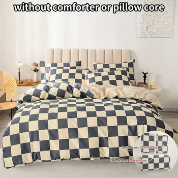 체크 무늬 이불 커버 세트, 침실 침구 세트, 객실 (1 * 이불 커버 + 2 * 베갯잇, 코어 없음), 3 개 상품 이미지