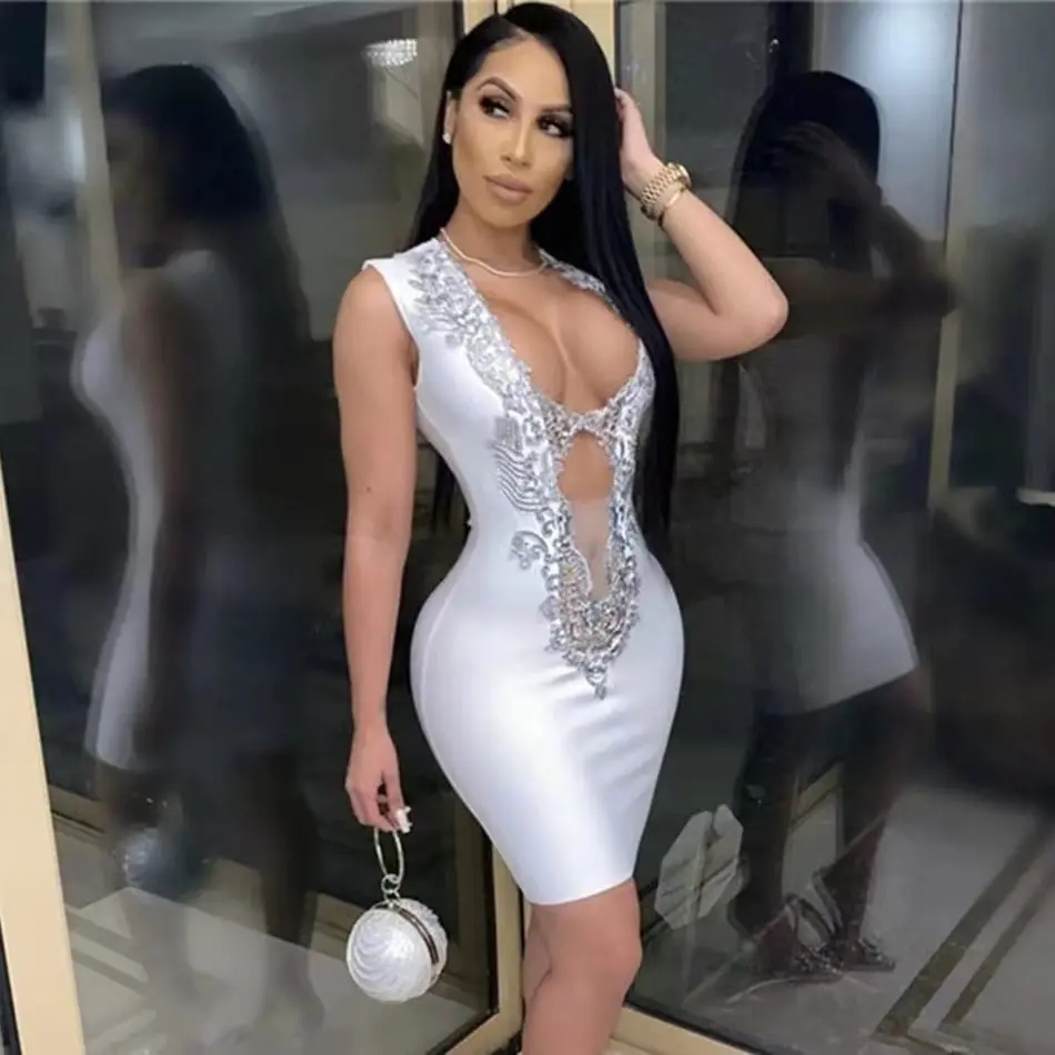 Top Quality Women Sexy Strap Shinning Crystal Bodycon Mini Bandage Dress Celebrate Nightclub Party Cocktail Birthday Outfit