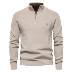 Autumn Cotton Zipper Cardigans for Men - Fashion Casual High-Collar Knitted Sweater (Khaki)