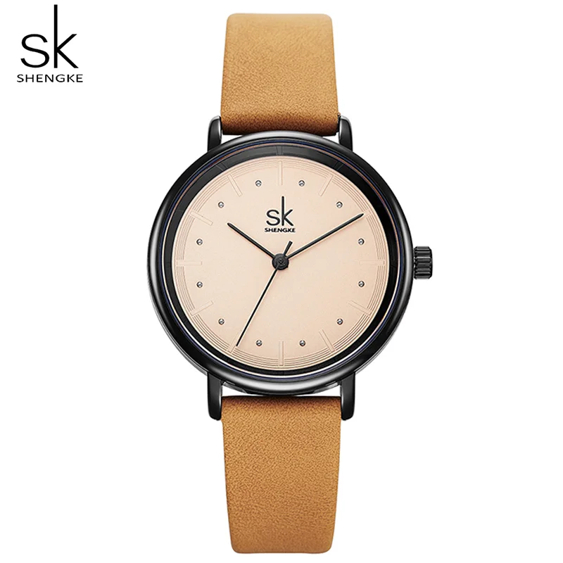 Shengke Simple Women Dress Watches Retro Leather Female Clock Top