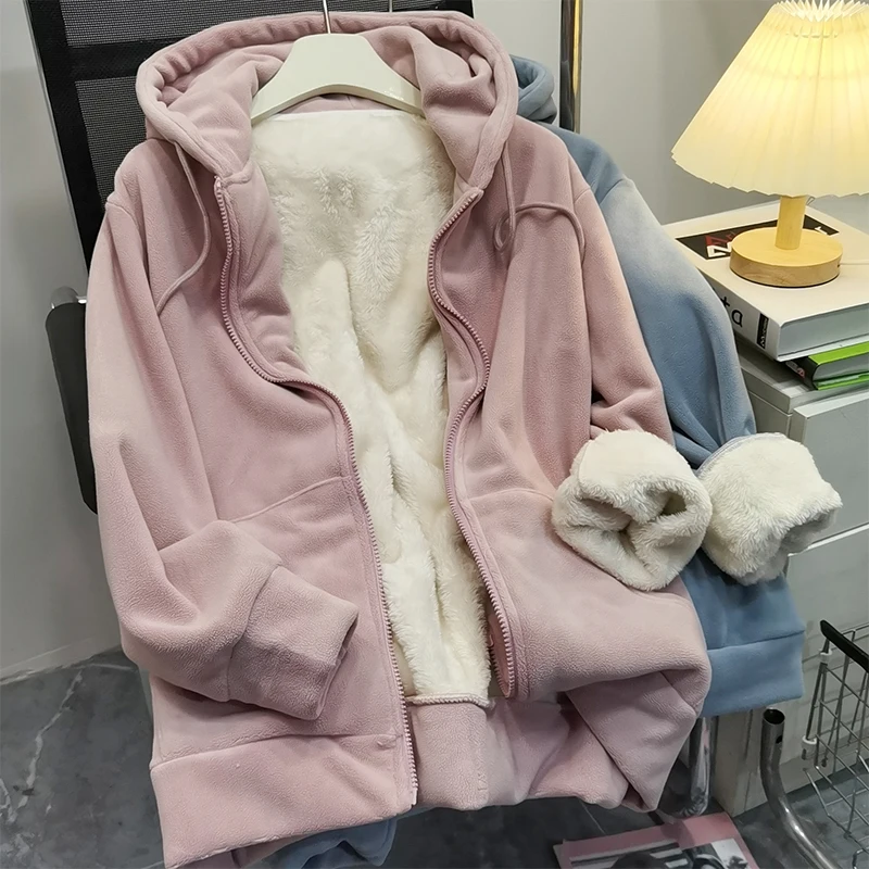 

Женский флисовый кардиган с капюшоном, свободная верхняя одежда на шнуровке в Корейском стиле, толстые теплые свитшоты из овечьей шерсти на осень и зиму