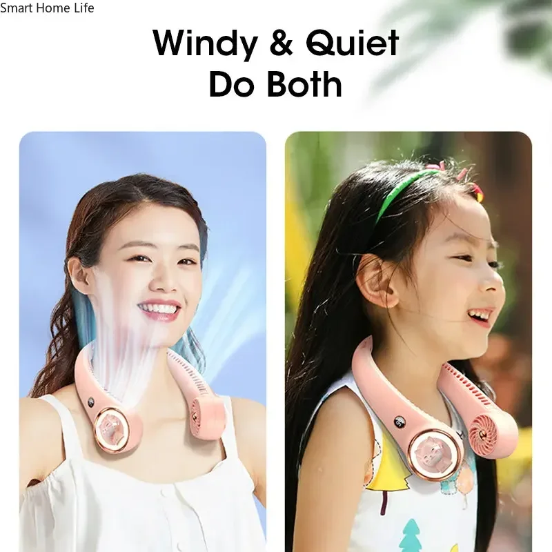 Bladeless Neck Fan USB Rechargeable 2000mAh Hands Free Digital Display Cat Design Mini Fan for Travel Office Home Use