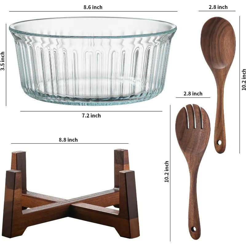 Large Glass Salad Bowl Set with Acacia Wood Base and Salad Serving Utensils Clear Borosilicate Glass Fruit Bowl and Trifle