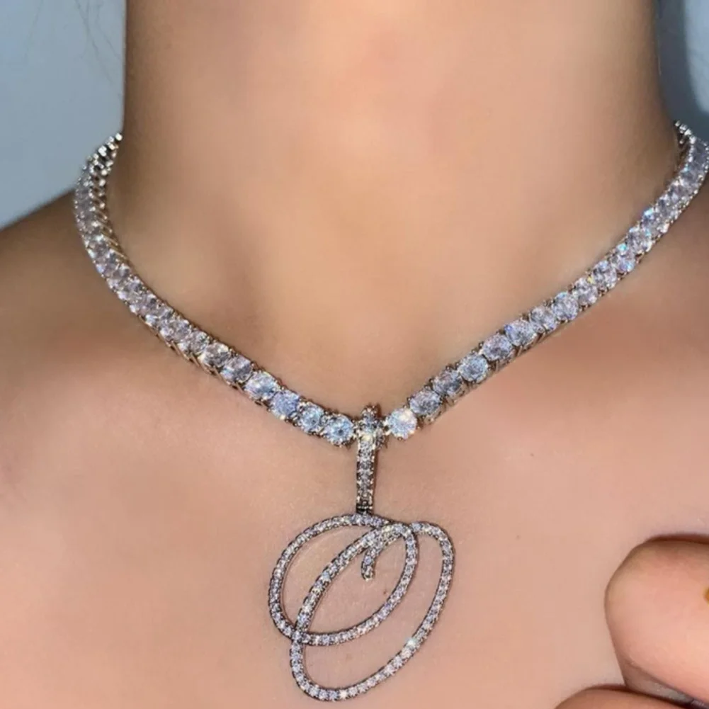Trendy Bling Cursive Letter Zircon Tennis Necklace For Women Men 26 Initials Tennis Choker Necklace Punk Hiphop Jewelry Gifts