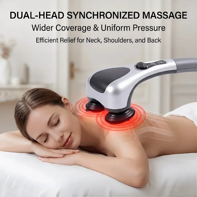 Dual-Head Handheld Electric Massager with Infrared Heat, Strong Vibration, Stepless Speed Control, Replaceable Massage Heads, 2