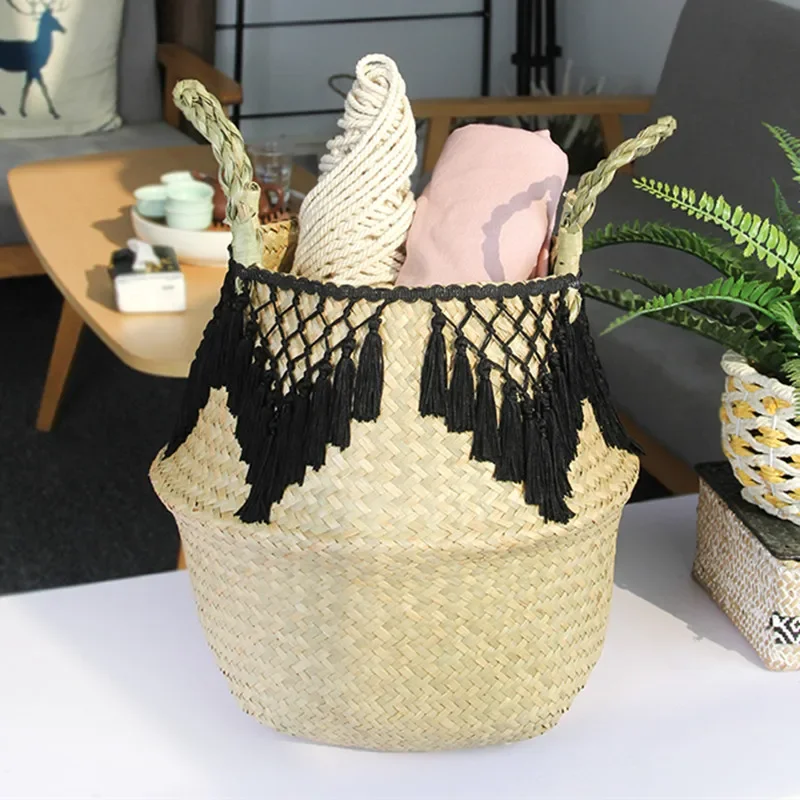Seagrass Storage Basket Lace Laundry Tassel pendant Basket Natural Rattan Flower Basket Straw Toys storage organizer Black White 3