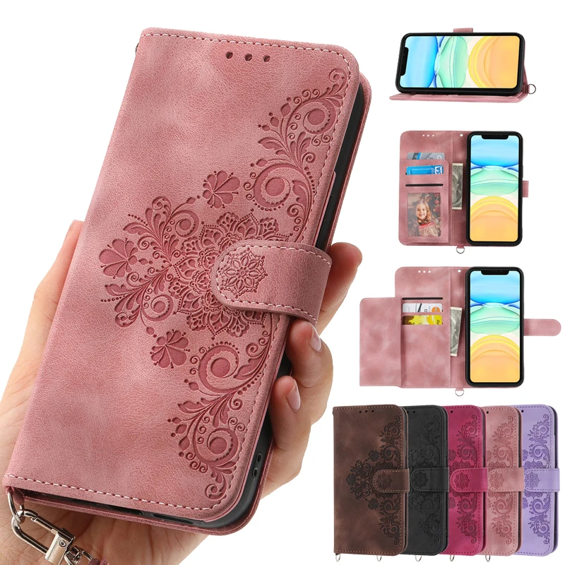Leather Magnetic Flip Wallet Phone Case with Floral Design