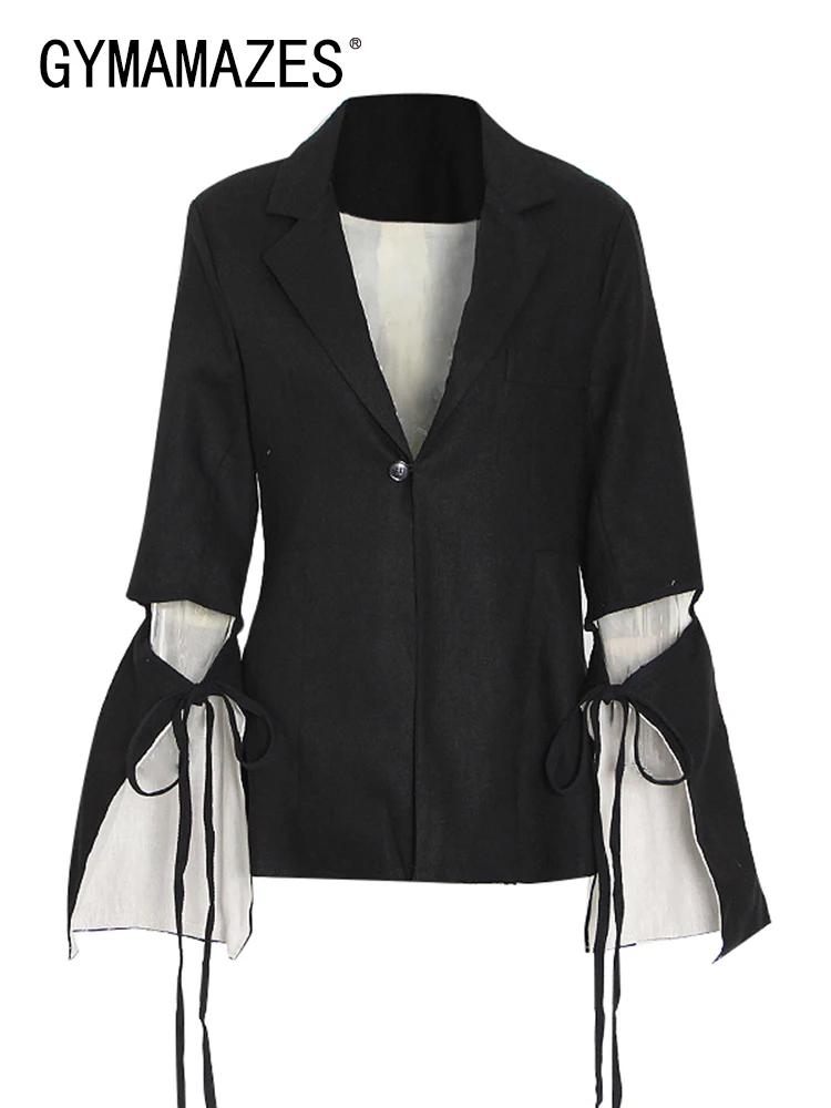 

GYMAMAZES Individuality Solid Blazer For Women Notched Long Sleeve Patchwork Lace Up Blazers Female Clothing Autumn Chic Style