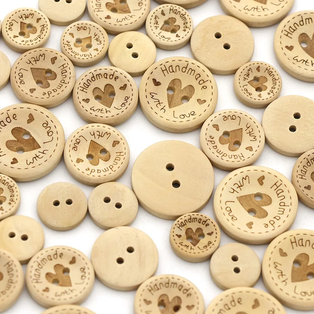 50Pcs Handmade Heart Wood Buttons Natural Color Hand Made Decorative Button  For ClothesSewing Scrapbooking Gifts 15MM 20MM 25MM