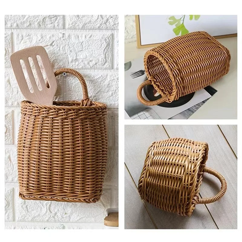 Wall Mounted Storage Basket Fruit Sundries Basket Simulated Rattan Decorative Hanging Basket Flower Pot with Handle Home Decor 5