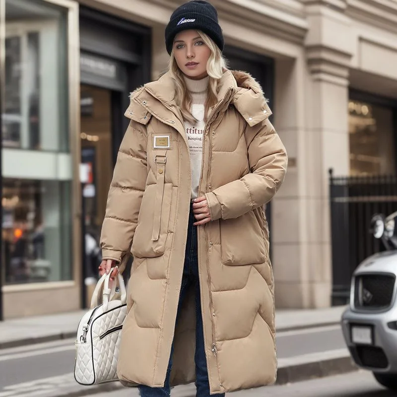 

2023 Winter New Detachable Hat Cotton Coat Women's Mid Length Knee Thick Down Cotton Parka Women's Coat
