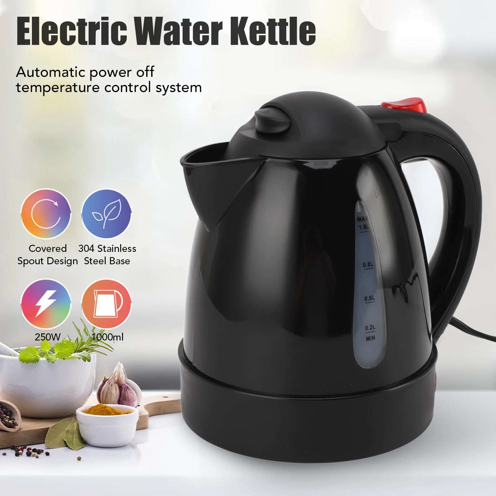 가열식 물 차 커피 주전자 24V 250W 수위창 1000ML 블랙 워터 보일러 히터 ABS 304 스테인리스 스틸 여행용