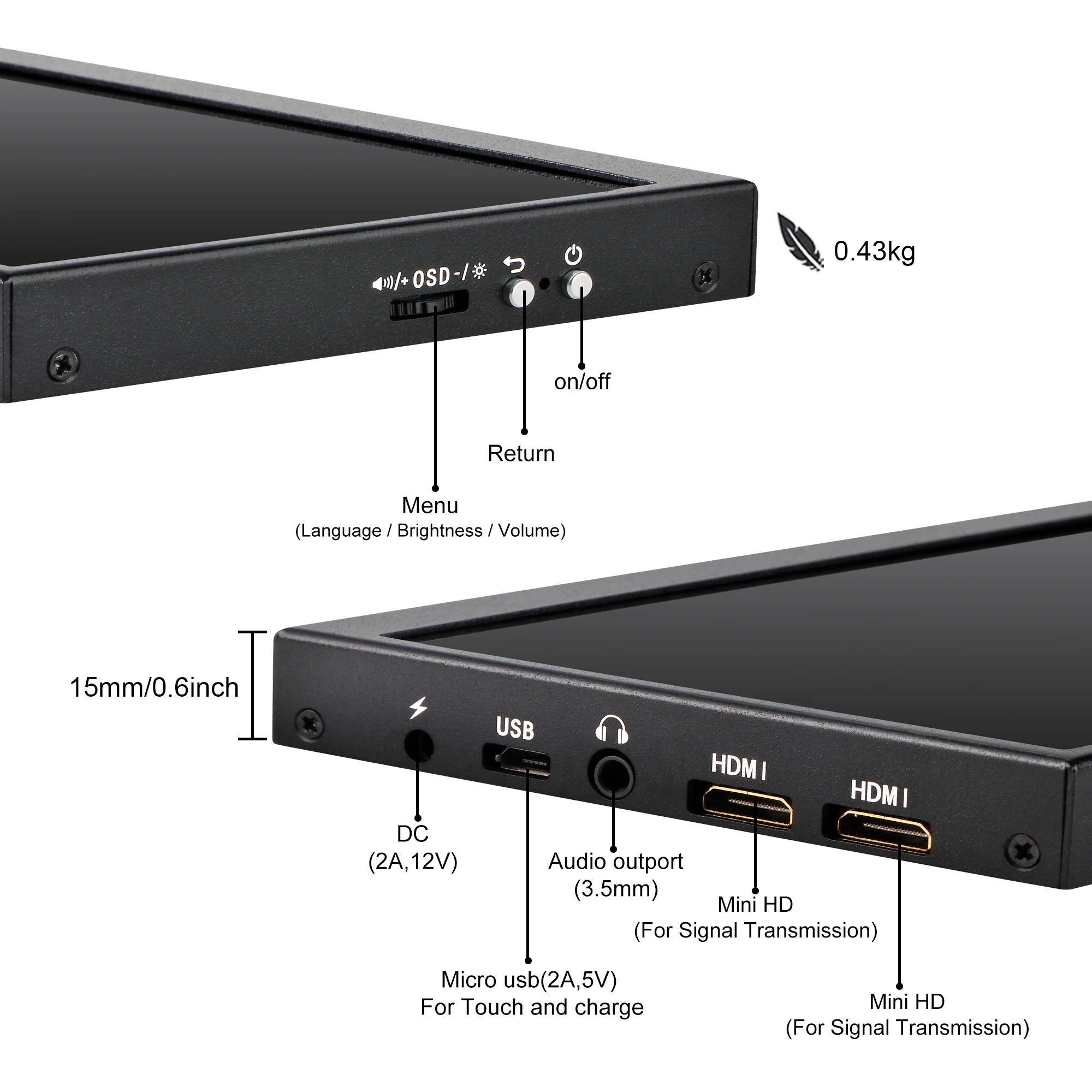 Wisecoco 휴대용 모니터 IPS 터치 스크린 바, LCD 디스플레이, 자동차 모니터 GPU 컴퓨터 케이스, 서브 스크린, 라즈베리 파이, 12.6 인치