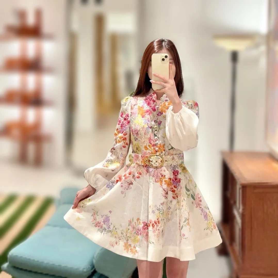 

Short or Long Dress for Ladies 2024 New Spring Printed Stand Collar Vintage Loose Long Sleeve Robes with Belt