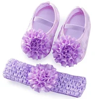 Spring Infant Baby Girl Shoes Newborn Lace Flowers Headband Anti-Slip Soft Sole First Walkers Toddler Kids Cotton Baptism Shoes 1