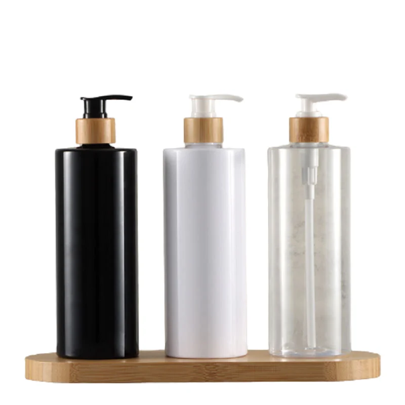 

10Pcs Empty Plastic Bottle Flat Shoulder PET Black White 300ML 500ML Lotion Press Pump Wood Collar Cosmetic Refillable Bottles