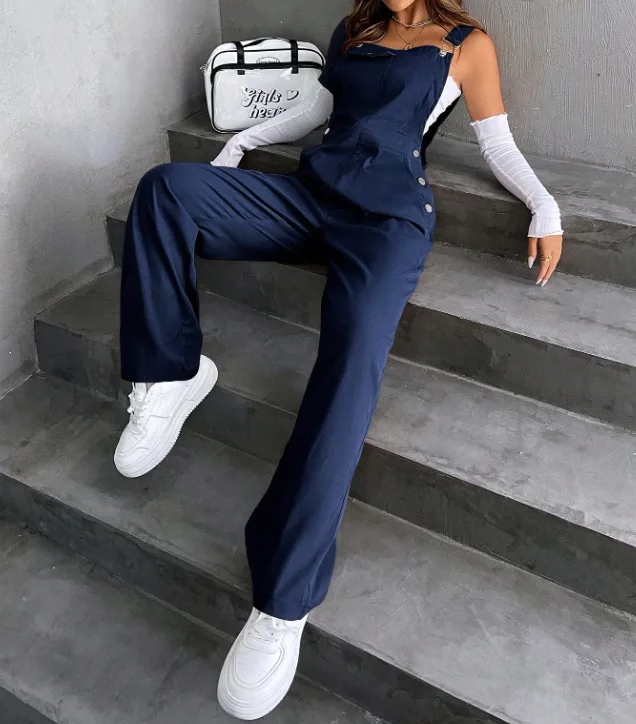 Retro Pocket Solid Color Straight Leg Utility Overalls Loose Fashion Casual Pants