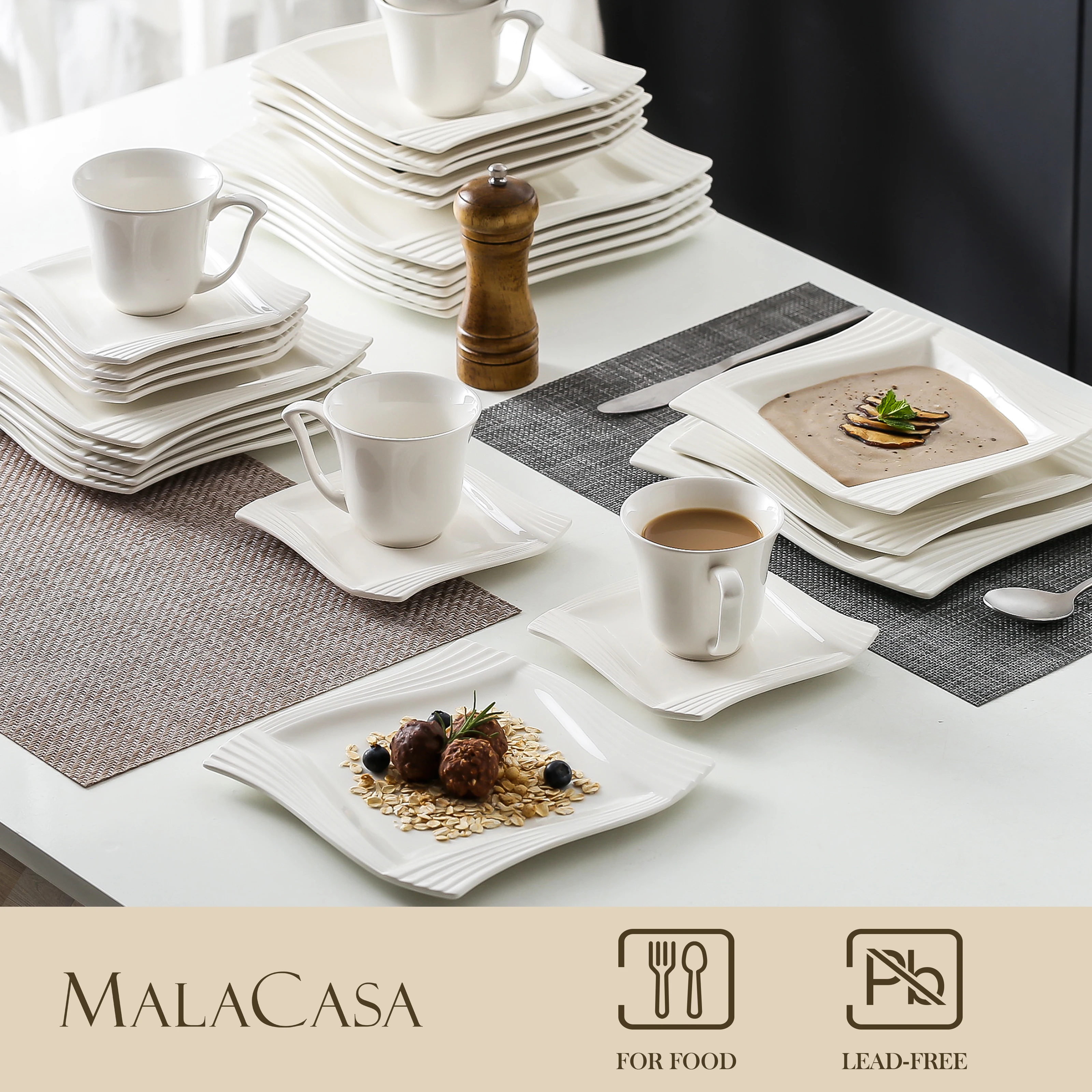 MALACASA Amparo 30/60 Piece White Porcelain Dinnerware Set