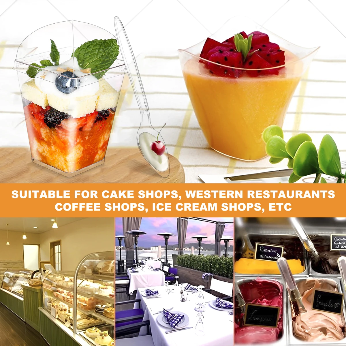 Dessert Cups with Spoons 30Pcs 5oz/150ml Clear Square Appetizer Cups Mini Reusable Plastic Dessert Pots Set Stackable