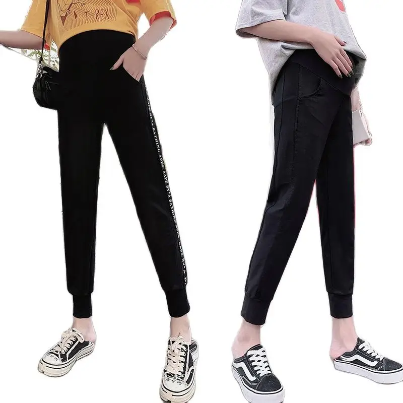 Autumn Pregnant Women Black Trousers Fashion Letters Printing Sweatpants with Pockets Adjustable Waist Maternity Sports Pants autumn pregnant women   trousers fashion letters printing sweatpants with pockets adjustable waist maternity sports pants