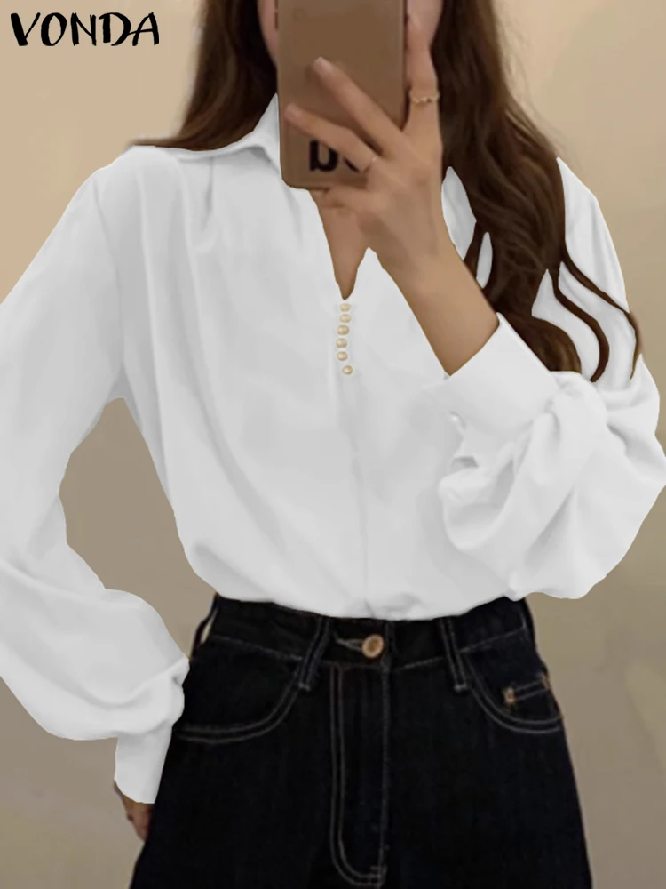 

Autumn Tunic Women Elegant OL Blouse 2023 Long Puff Sleeve Tops VONDA Casual Solid Color Lapel Shirts Fashion Tops Blusas