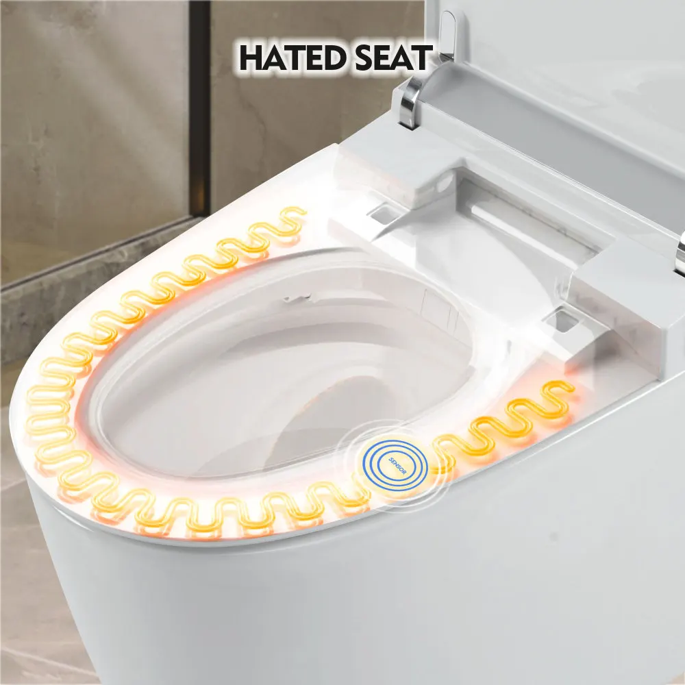 Heated Seat Smart Toilet, One Piece Toilet, Automatic Flush Tank Less Toilet without Bidet, with Foot sensor Flush 3