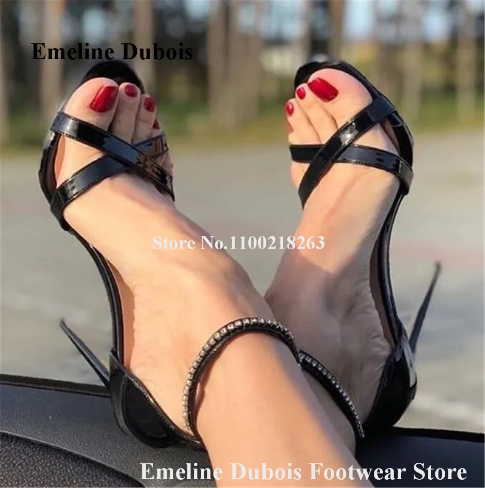 

Elegant Black Patent Leather Rhinestones Sandals Emeline Dubois Open Toe Ankle Crystals Straps Stiletto Heel Wedding Heels
