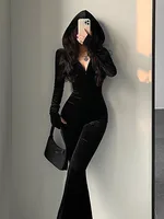 TVVOVVIN  Fashion Black Velvet Slim Hooded Zipper Long Sleeve Flare Pants Jumpsuit Rompers Korean Sexy Hot Tops 2023 9P64 - Image 6