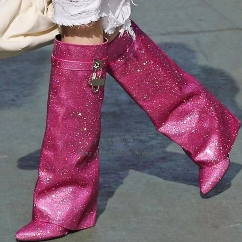Luxury Bling Rhinestone Padlock Wedges Women Boots Pointed Toe Knee-Length Fashion Trouser Boots Colorful Party Street Catwalk