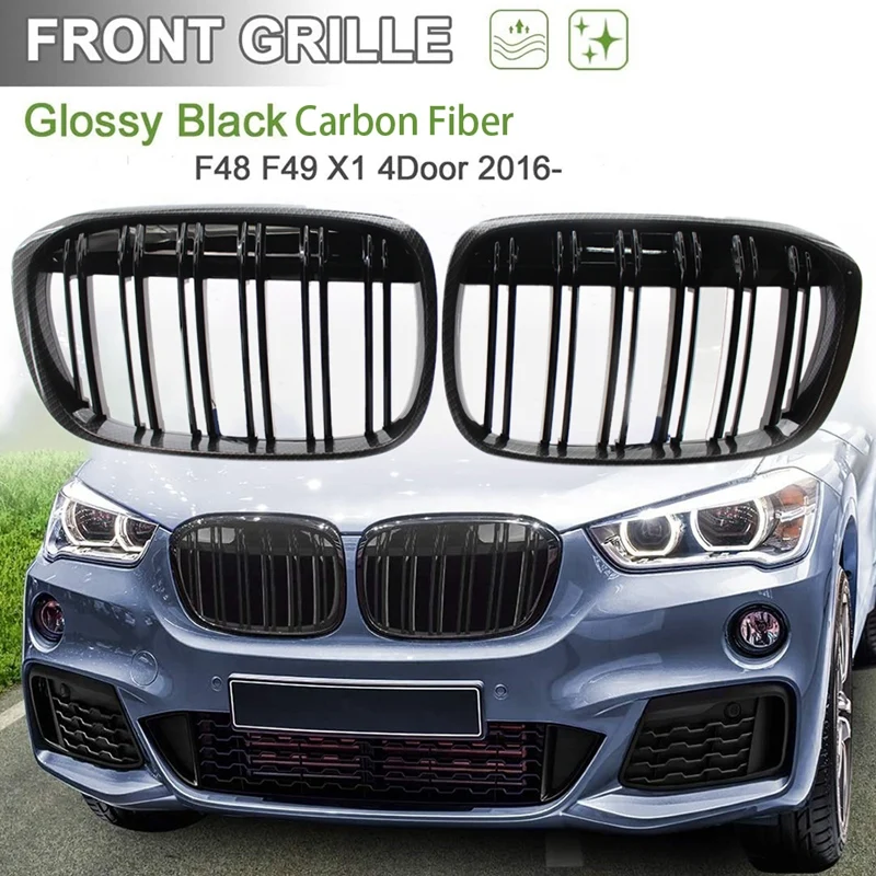 

Front Kidney Grille Gloss Black Carbon Fiber Double Line Grill For-BMW X1 Series F48 F49 2016-2019